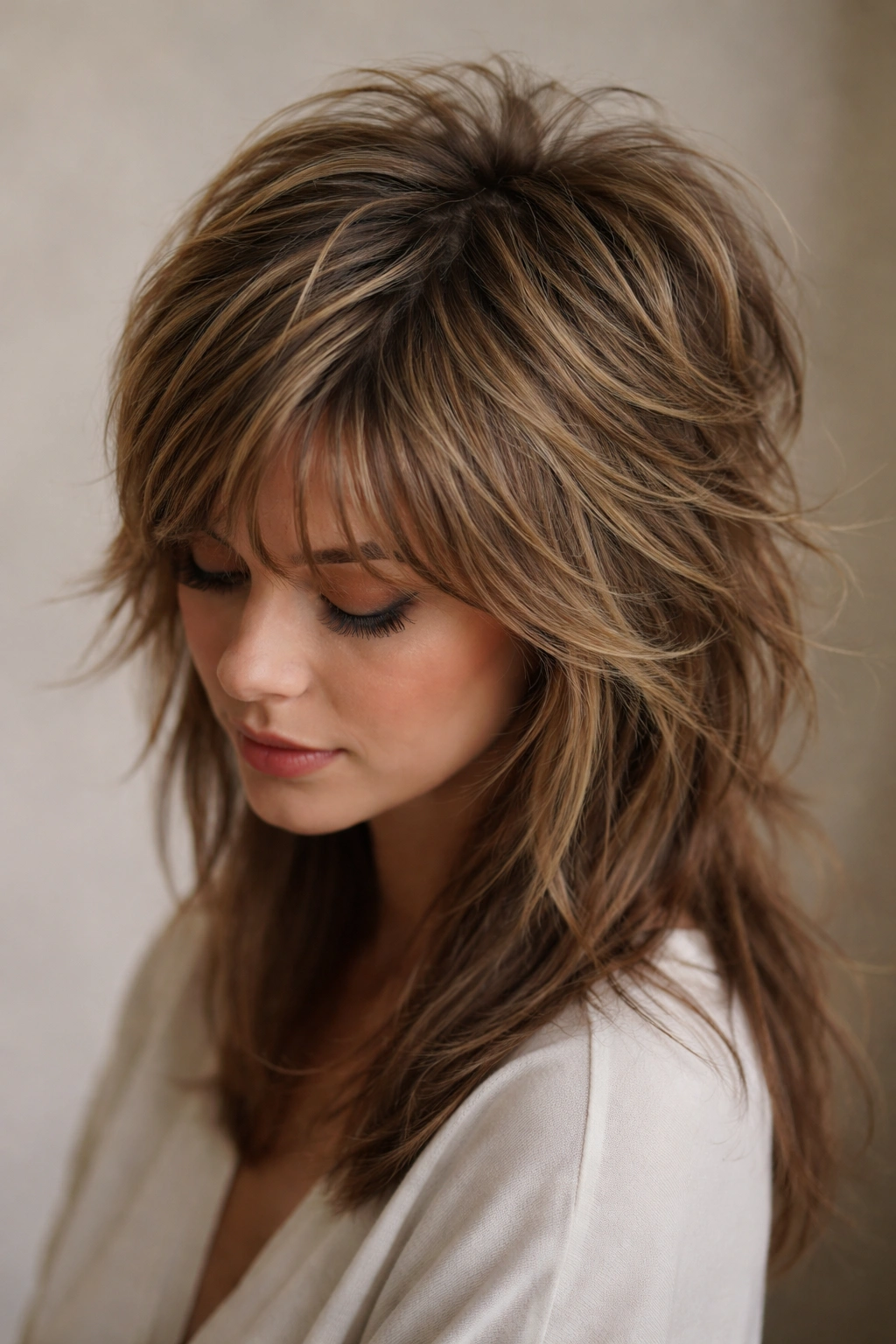 12 Shullet Haircuts That Mix Shag And Mullet 4 Close-up on crown with textured layers and blended sides of the shullet