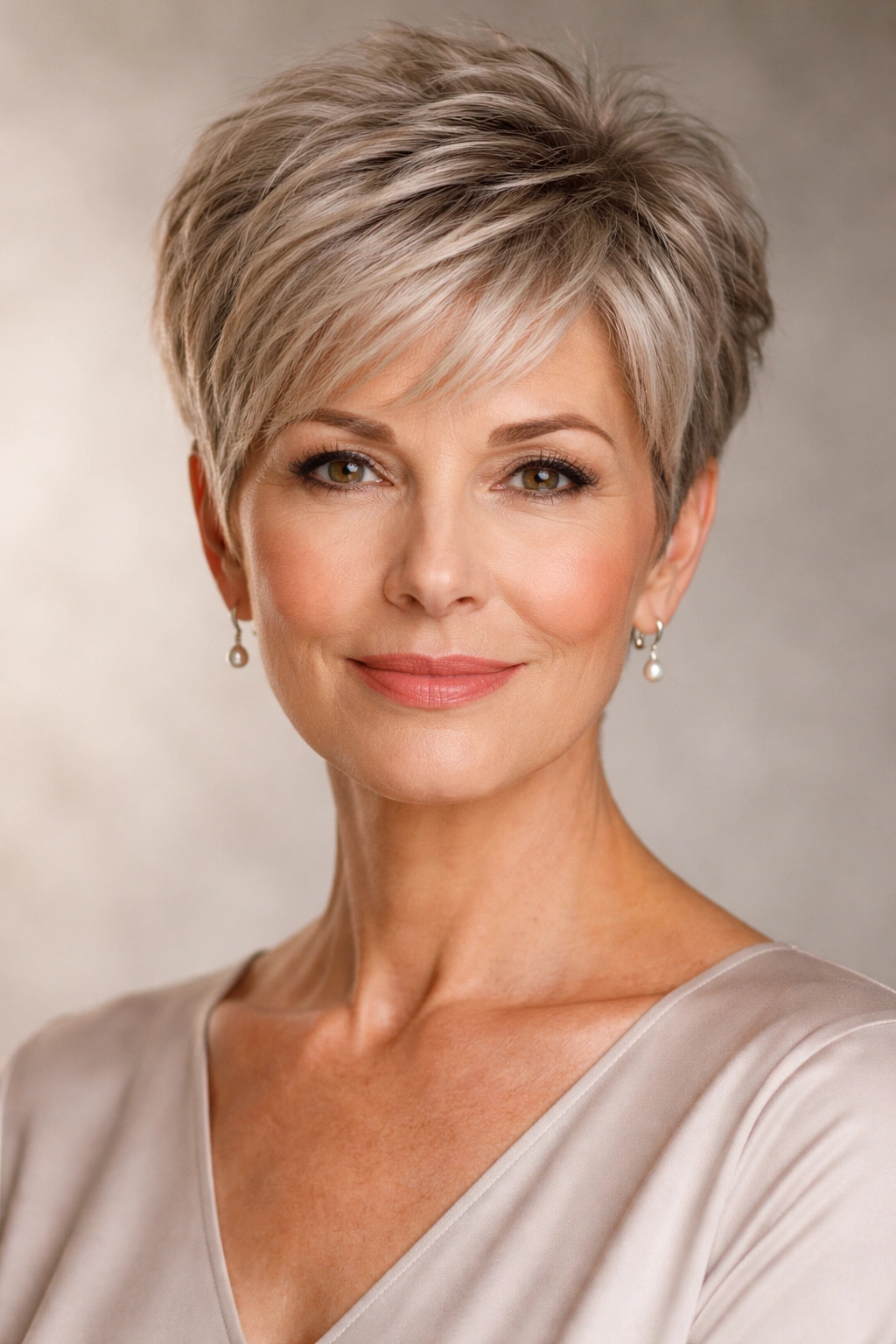 20 Haircuts For Women Over 60 By Face Shape 18 Textured crown with smooth sides on a diamond-face silhouette.