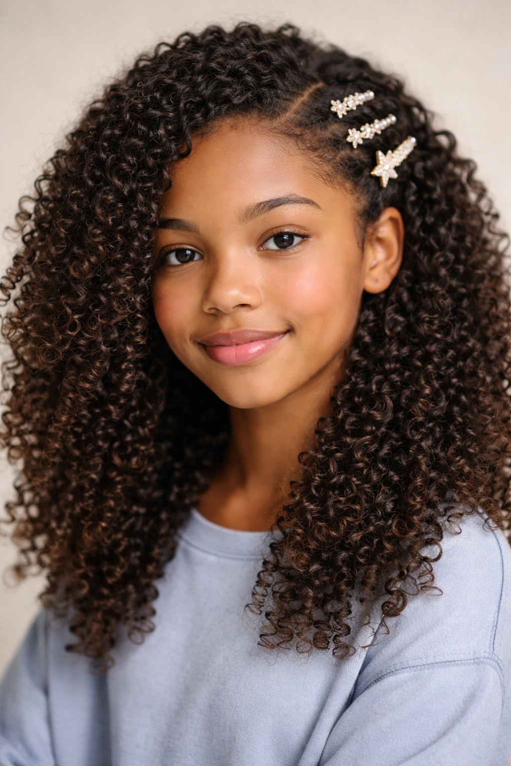 Curls with decorative clips along one side of the part