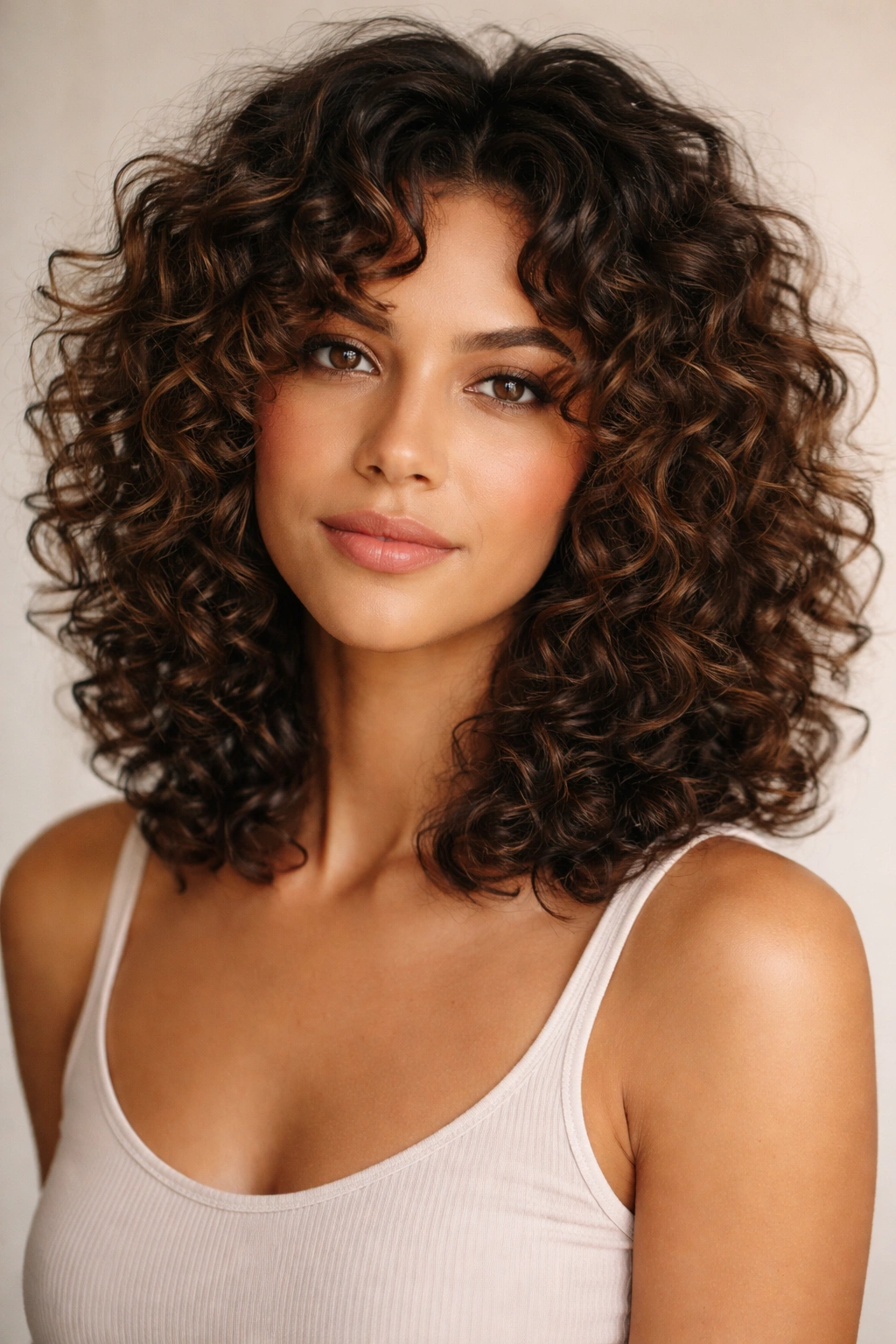 Close-up portrait of a shoulder-length curly hairstyle with textured layers and defined curls