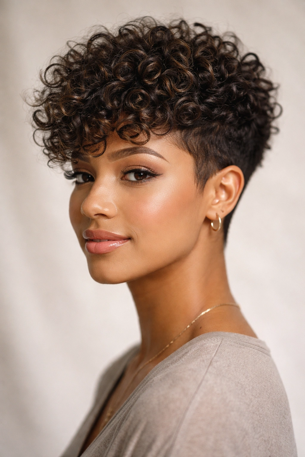 Close-up of The Textured Tapered Cut on curly hair with tapered sides and textured top