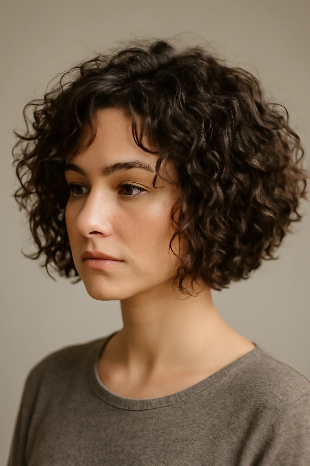Close-up of chin-length curly textured bob with defined curls.