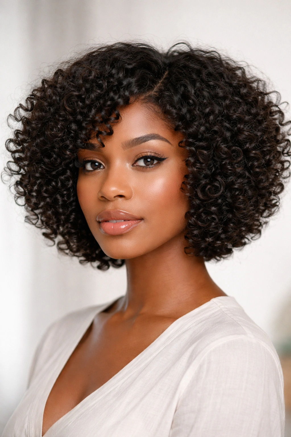 Chin-length textured curly bob with layered curls