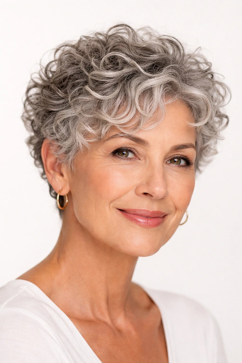 Textured curly crop with natural gray curls.