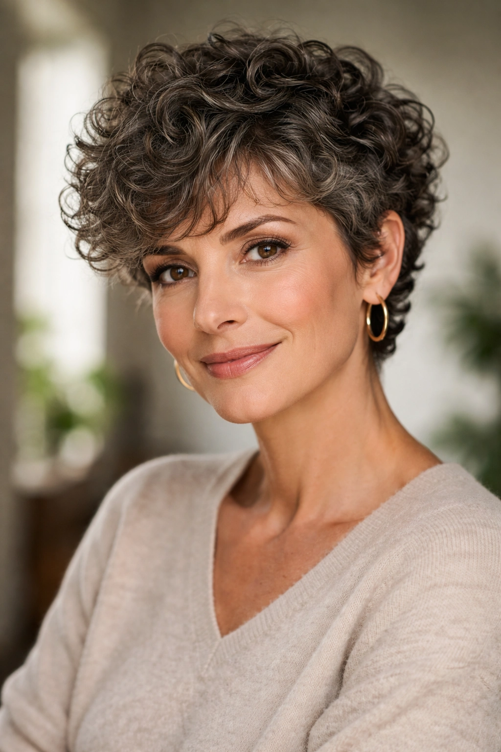 Portrait of a mature person with a textured curly pixie and voluminous curls