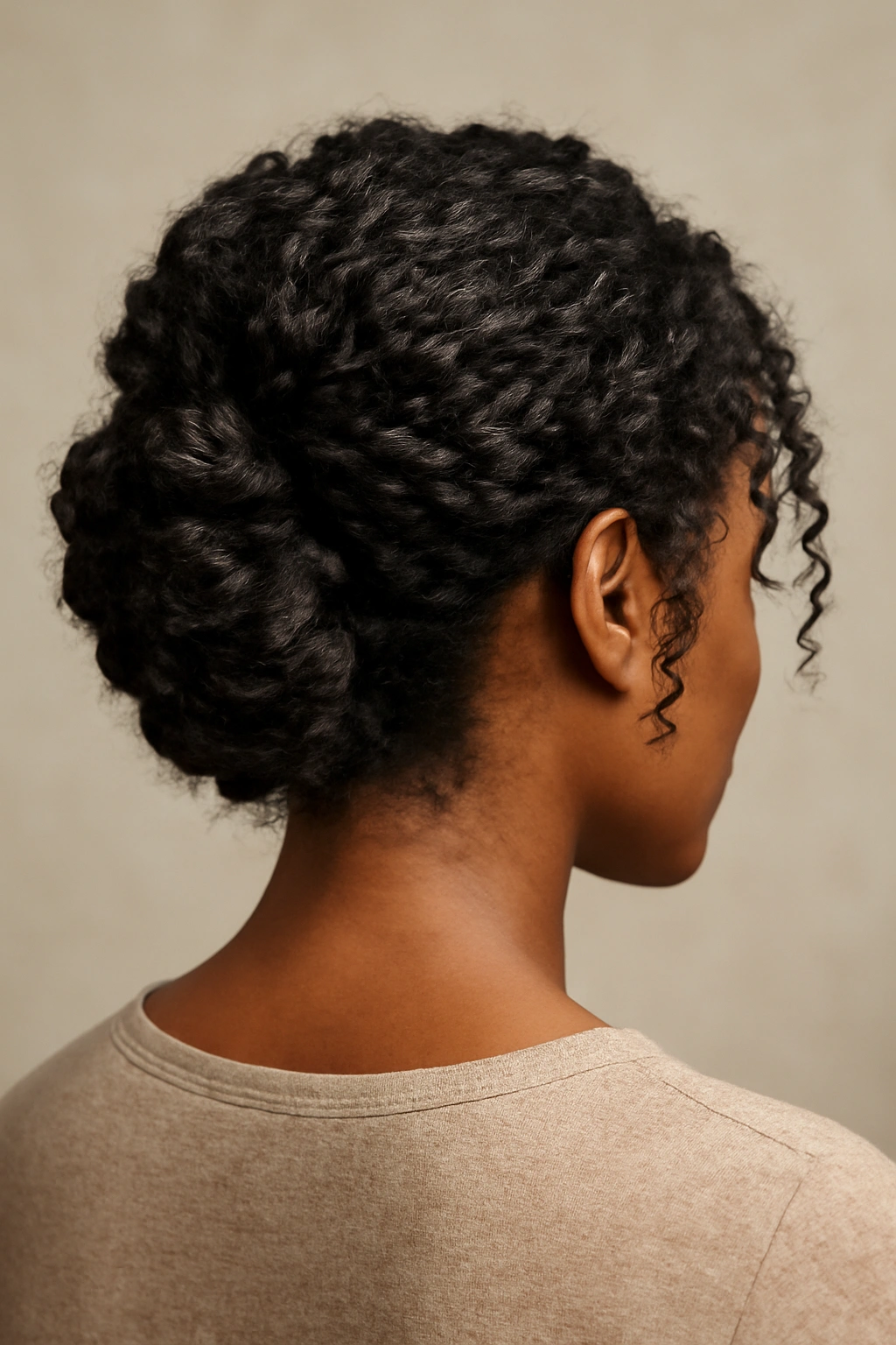 12 Elegant French Roll Updos Every Black Woman Needs 4 Back view of a textured curly French roll showcasing defined curls