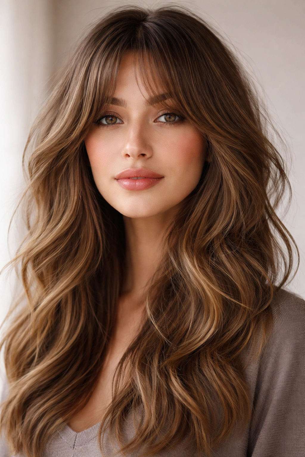 Front view of a hairstyle with textured curtain bangs and layered waves framing the face.