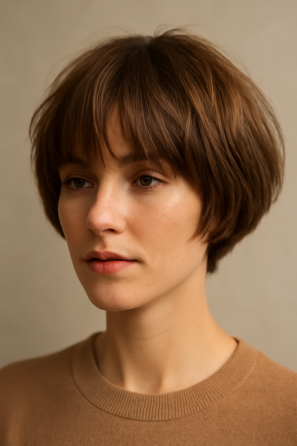10 Modern Bowl Cuts Women Are Actually Getting 3 Close-up of textured curtain bowl haircut on a woman in studio lighting
