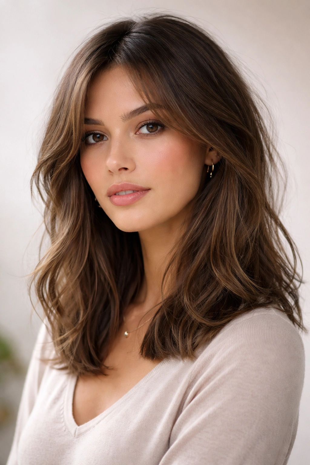 18 Shoulder Length Cuts That Flatter Everyone 9 Textured curtain haircut showing face-framing curtain layers and soft movement.