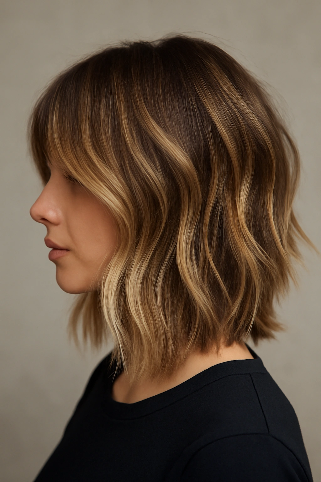 12 Medium Length Balayage Haircuts That Look Amazing 8 Medium-length textured cut with multi-tone balayage and visible piece separation