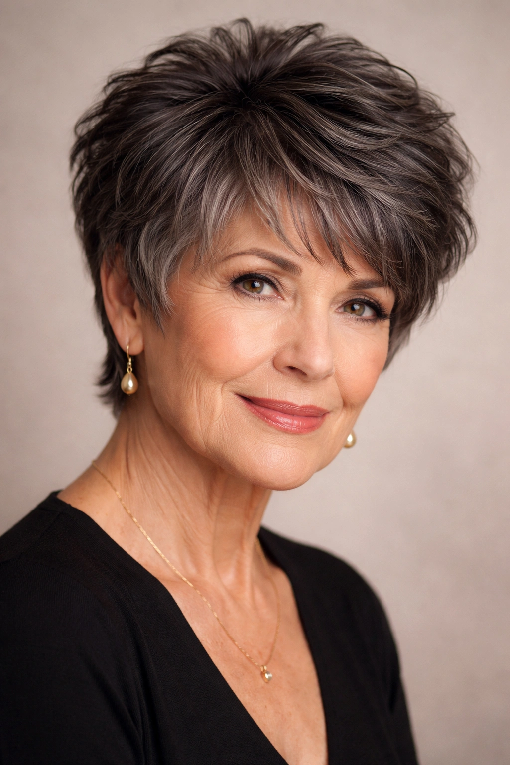 Close-up of a mature woman with a textured tapered cut and feathered layers.