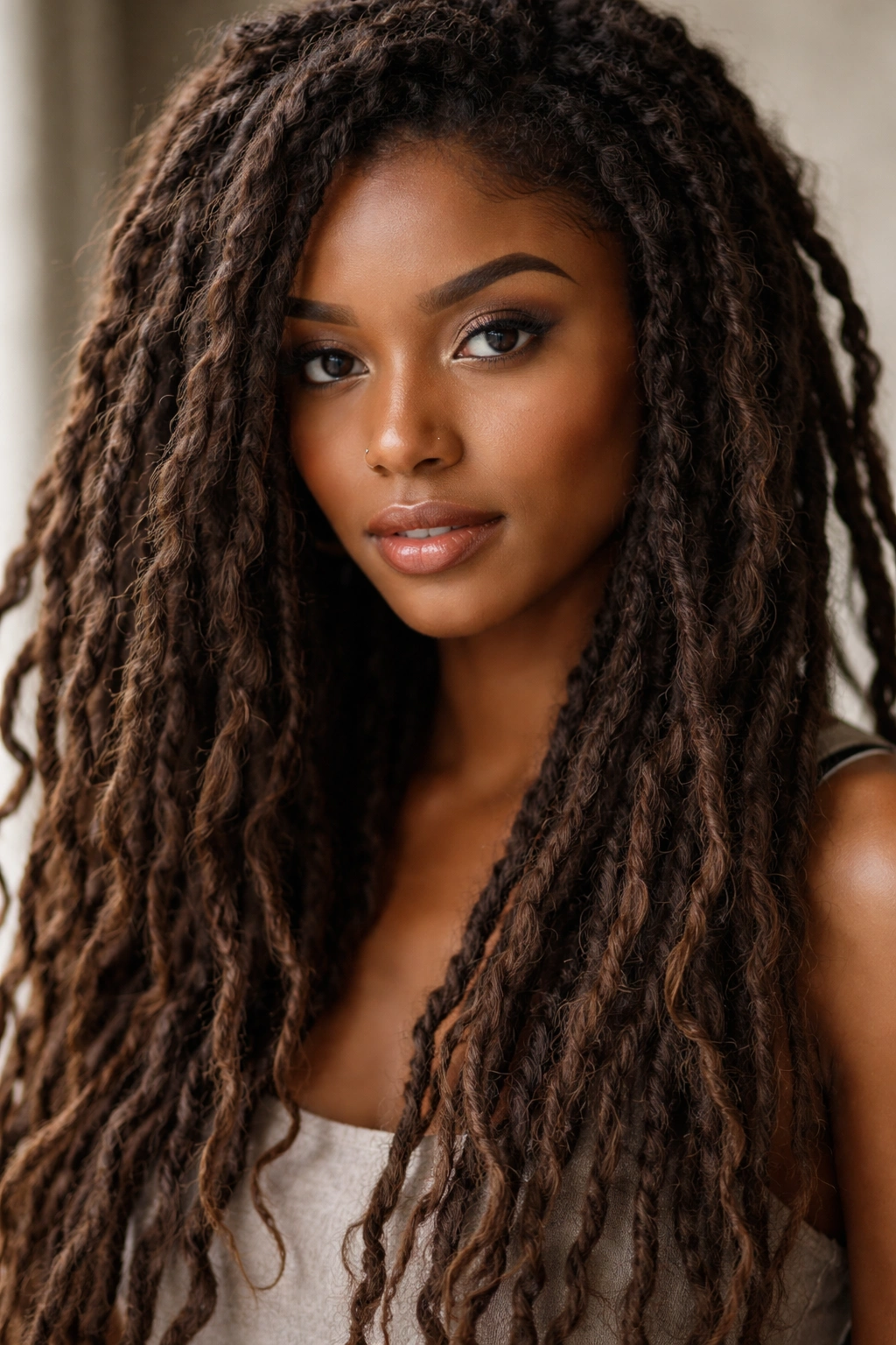 Portrait crop of textured distressed locs with frizz and variation