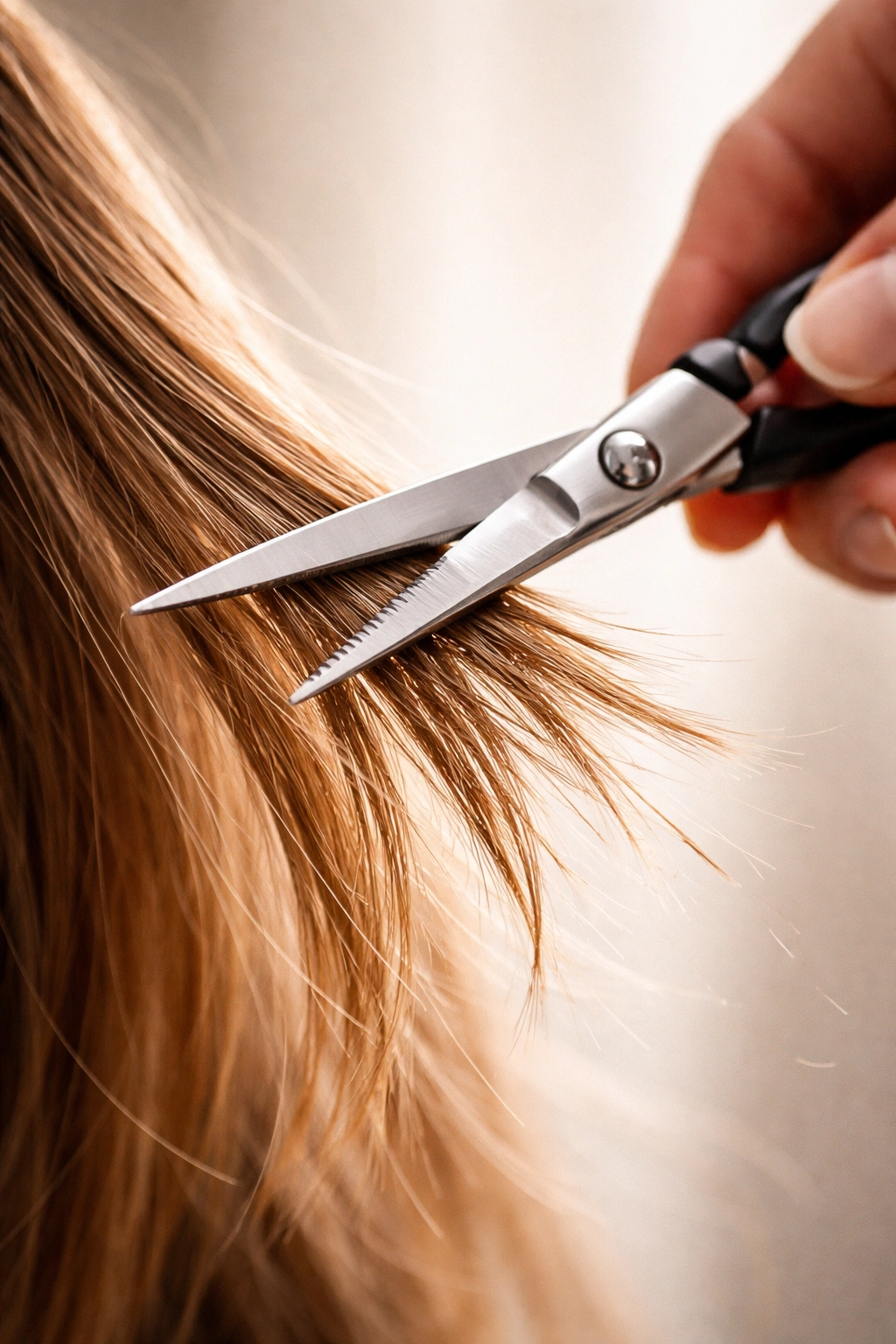 A Step By Step Guide To Trimming Your Own Hair 7 Close-up of hair ends textured with vertical point-cutting technique using scissors