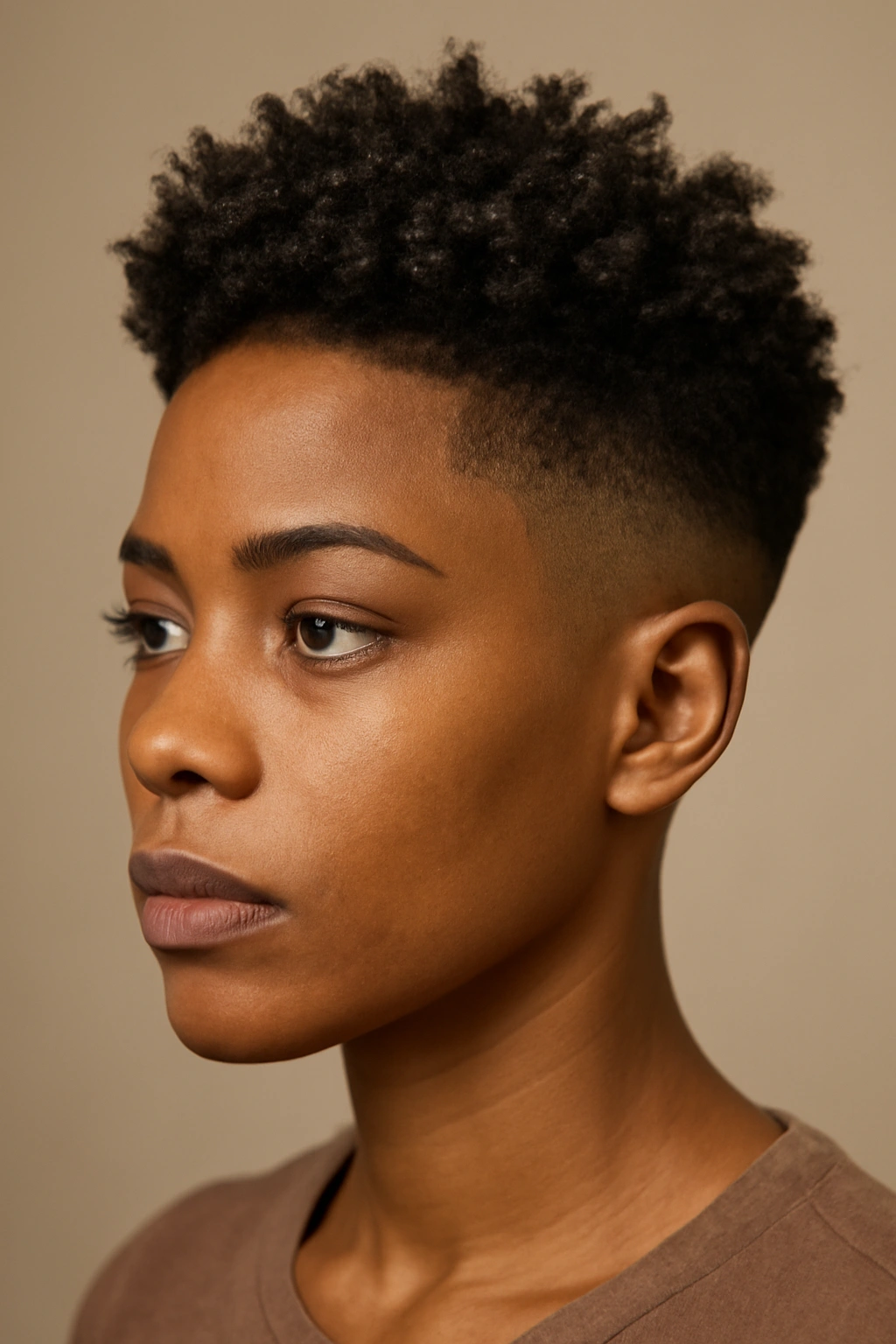 30 Short Haircuts for Black Women 1 Close-up of a Black woman with a textured tapered fade and voluminous coils