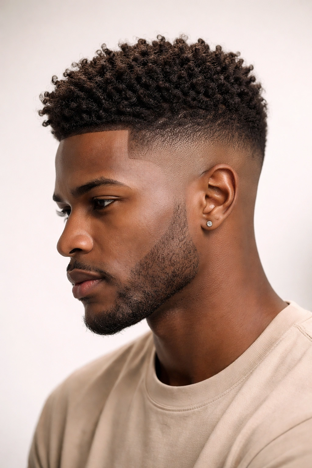 Close-up of a coily textured fade with shorter sides and longer top showing defined coil texture.