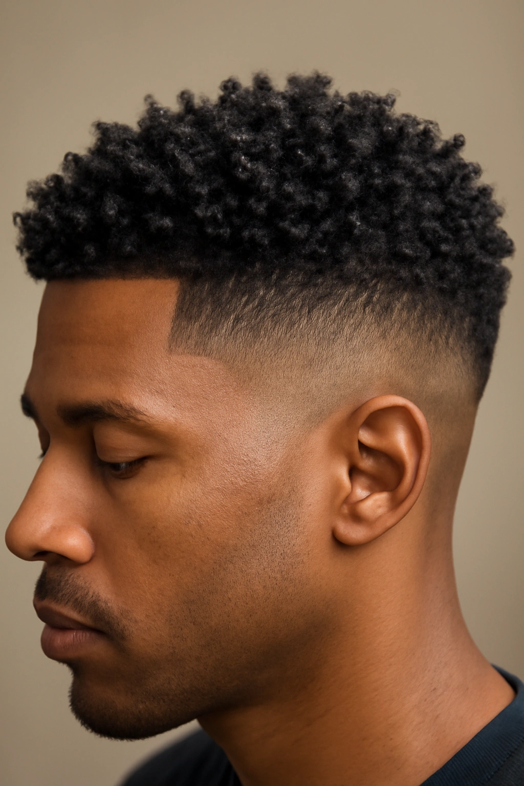Short Natural Haircuts for Coily and Curly Textures 3 Close-up of textured fade with short sides and longer top curls