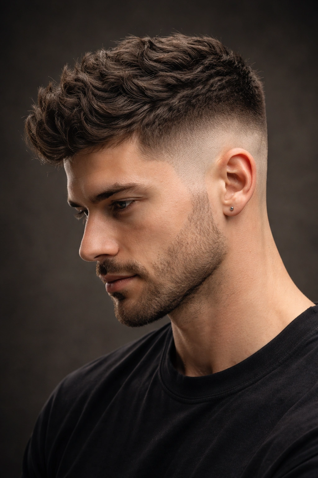 Close-up of a man with The Textured Fade: short sides with textured top.