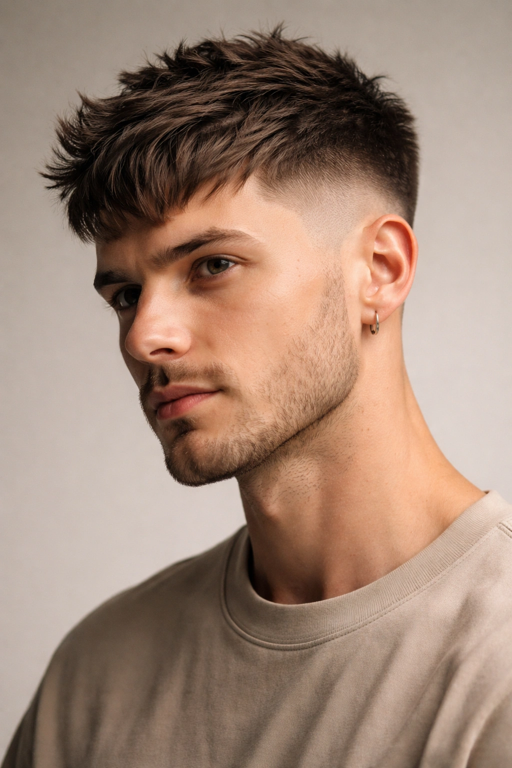Close-up portrait of textured fade hairstyle with a choppy top and faded sides in studio lighting
