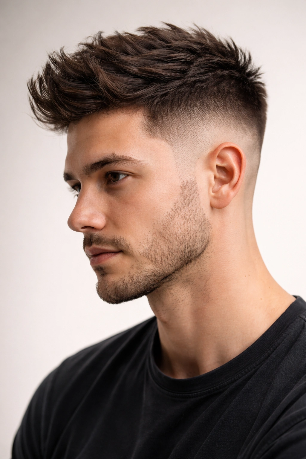 Side profile showing a textured fade with longer top hairstyle