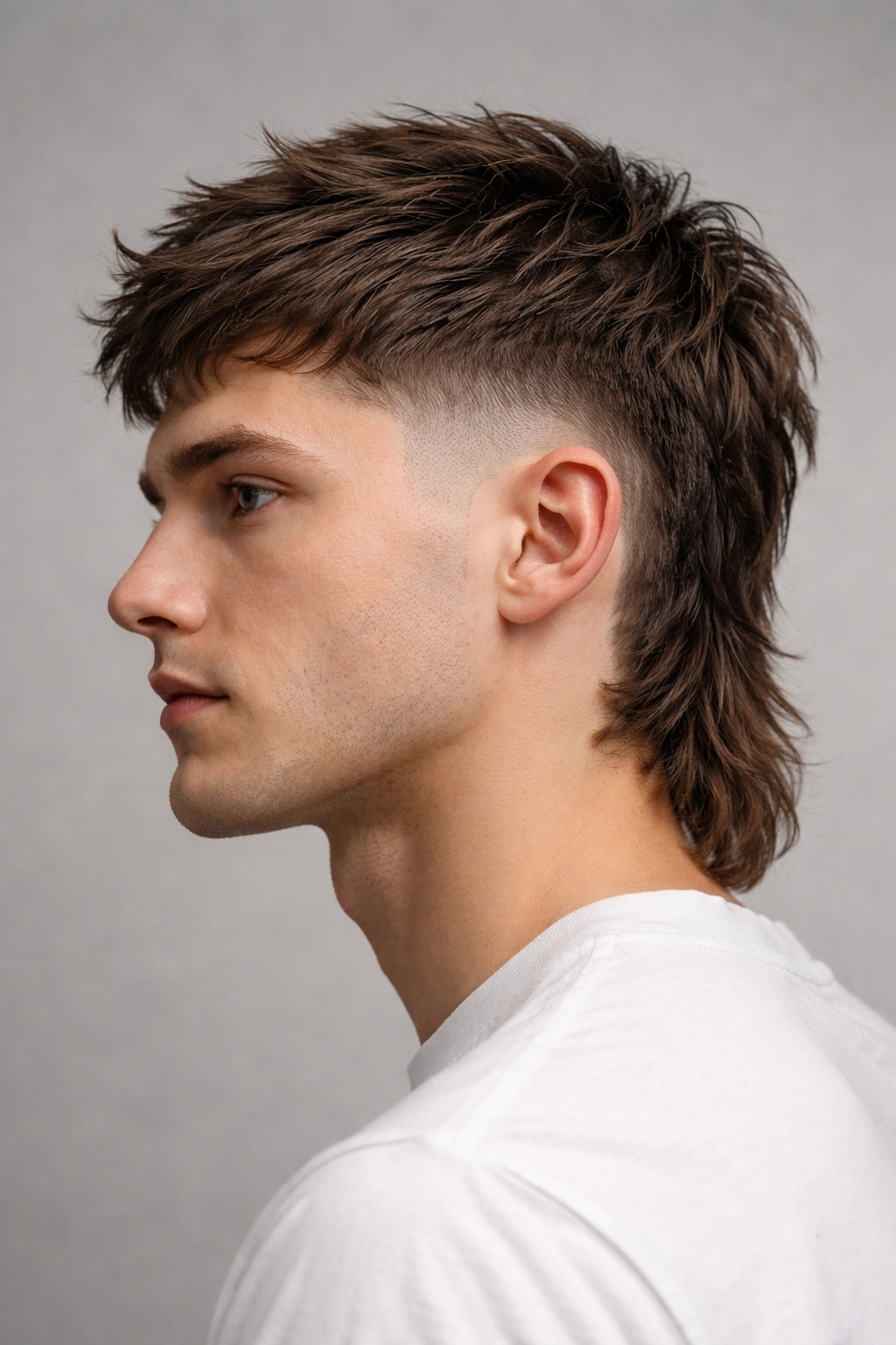 Close-up of The Textured Fade Mullet showing a tight fade and textured crown.