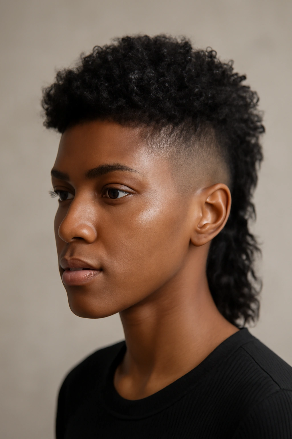 10 Short Mullet Styles Black Women Are Loving 1 Close-up portrait of a Black woman with a textured fade mullet, faded sides, textured top, and longer back.