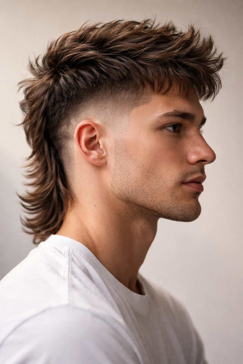 Close-up portrait of a male head showing a textured fade mullet with a piecey top and skin fade sides