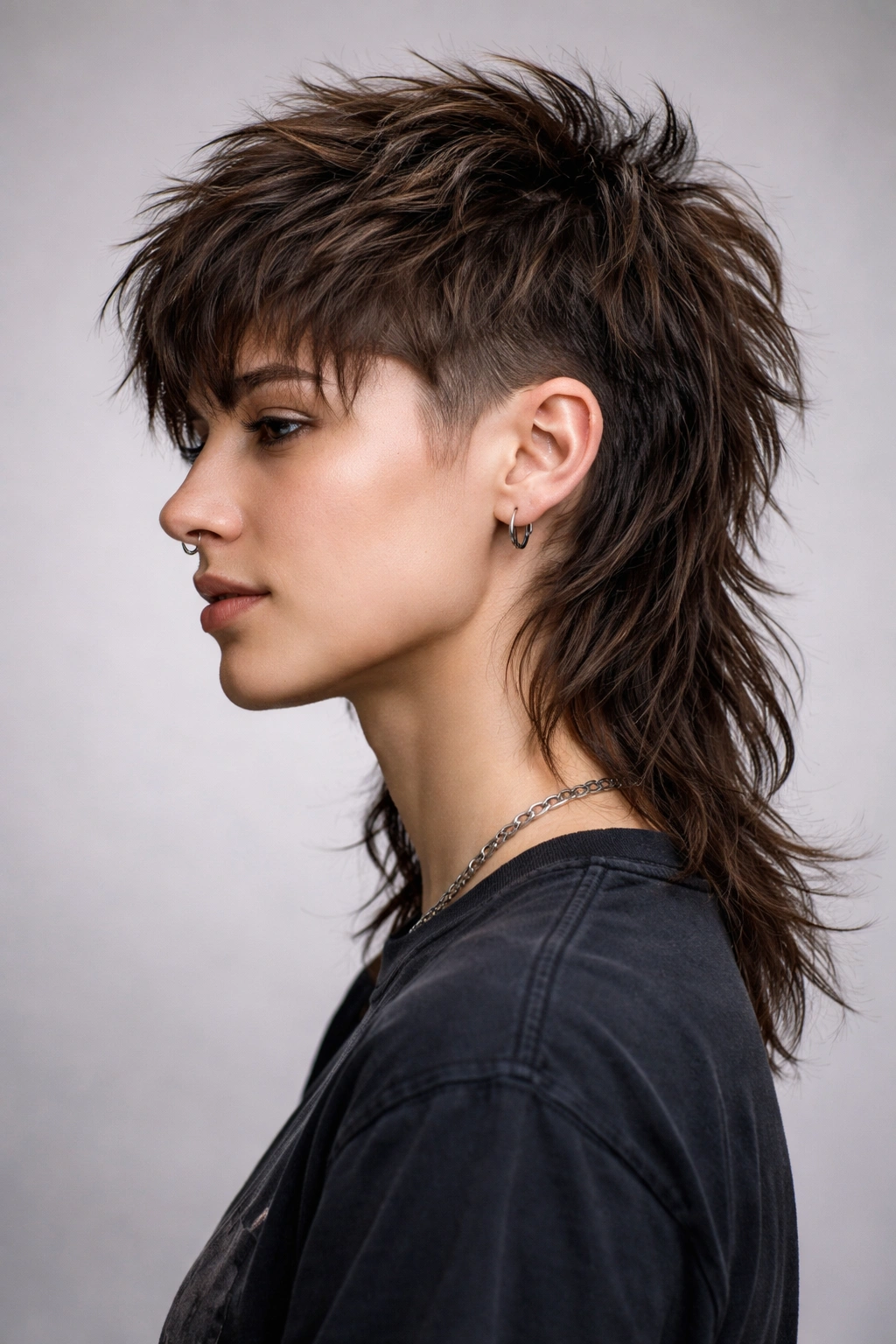 Profile view of textured fade mullet shag with short faded sides and longer top