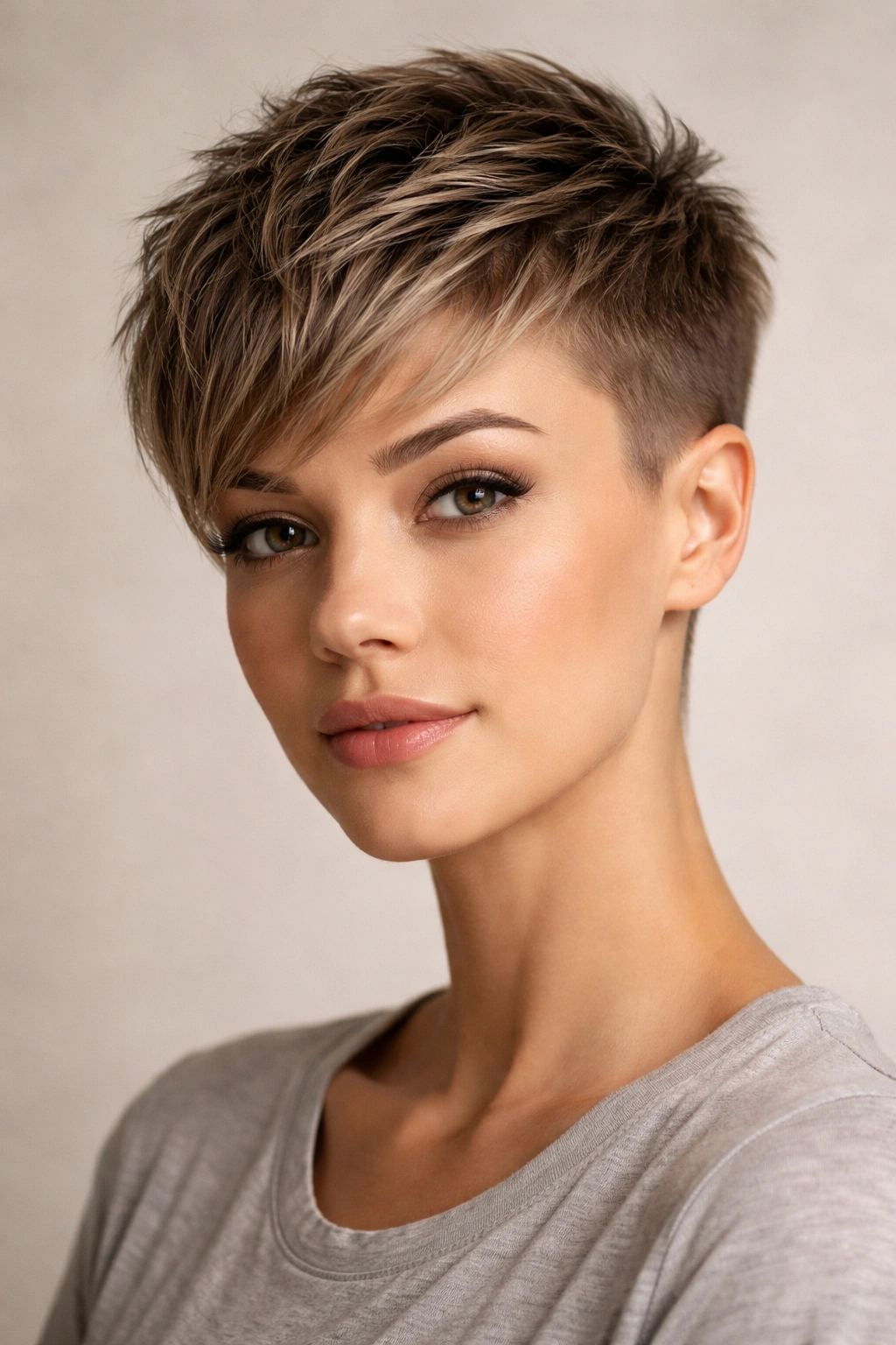 Portrait of a person with a textured fade pixie, longer top blending into a short fade on sides.
