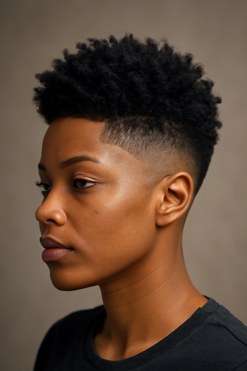 12 Short Weave Hairstyles Black Women Are Loving 6 Three-quarter profile of a Black woman with textured fade on sides and longer top.