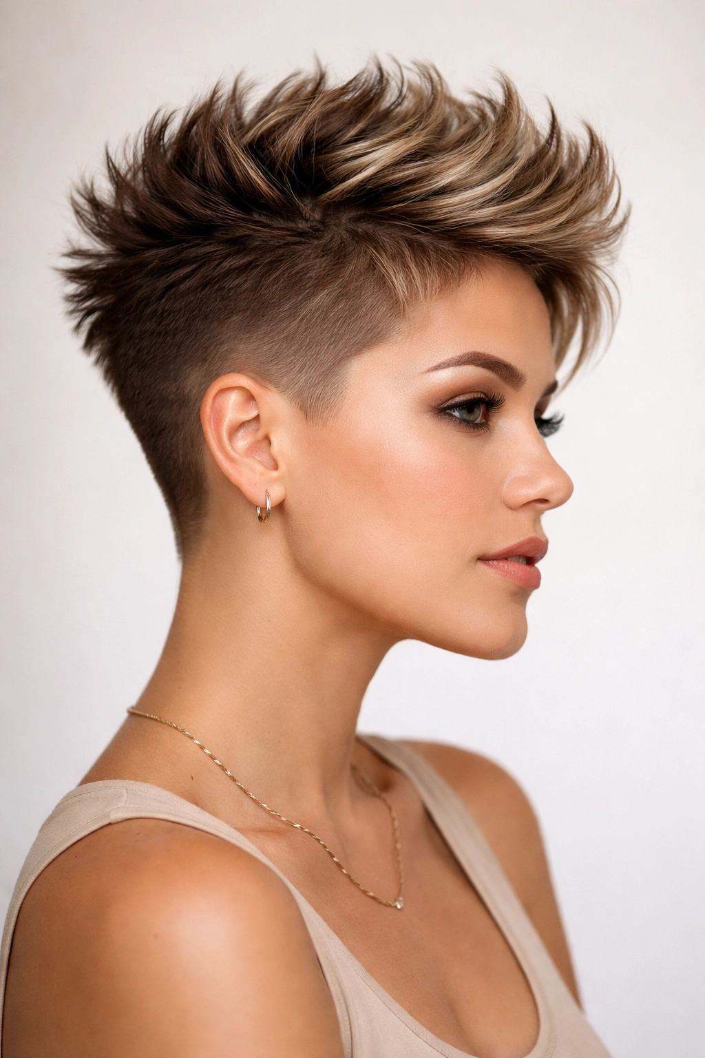Close-up of textured faux hawk with high crown and tapered sides