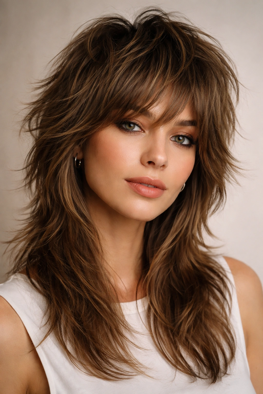 Close-up portrait of The Textured Feather Mullet Shag with feathered, face-framing layers and longer back in a neutral studio.