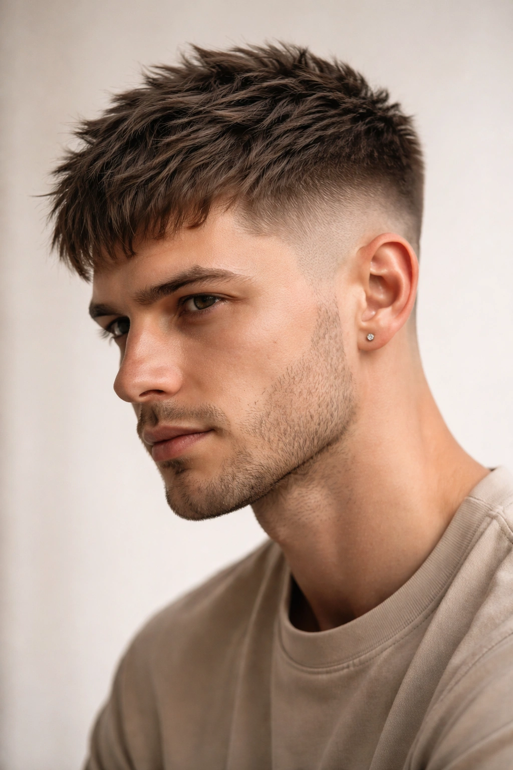 15 Short Textured Cuts That Give You Built In Volume 6 Headshot of textured French crop with forward-falling front and fade sides.