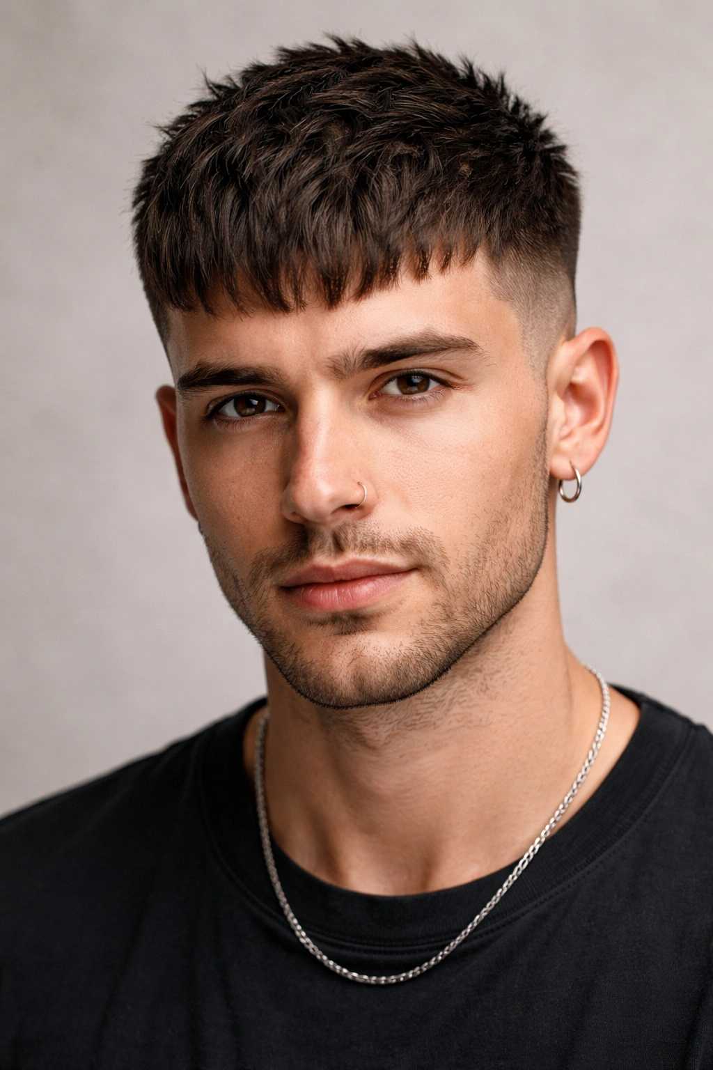 Portrait of a person with a textured French crop fringe and faded sides
