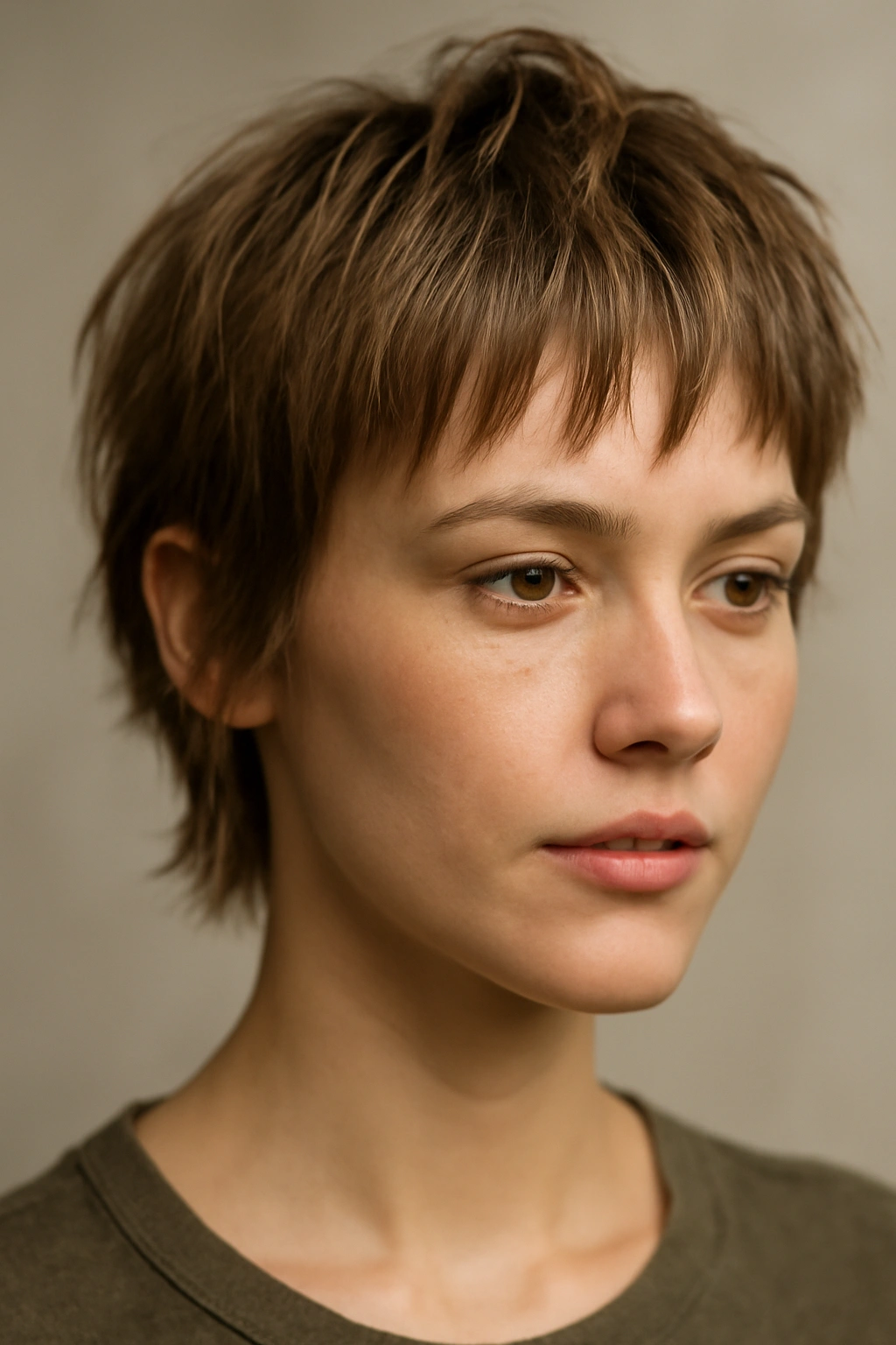 12 Short Haircuts That Work on Baby Fine Hair 5 Portrait highlighting a textured fringe across the forehead with chopped bangs.