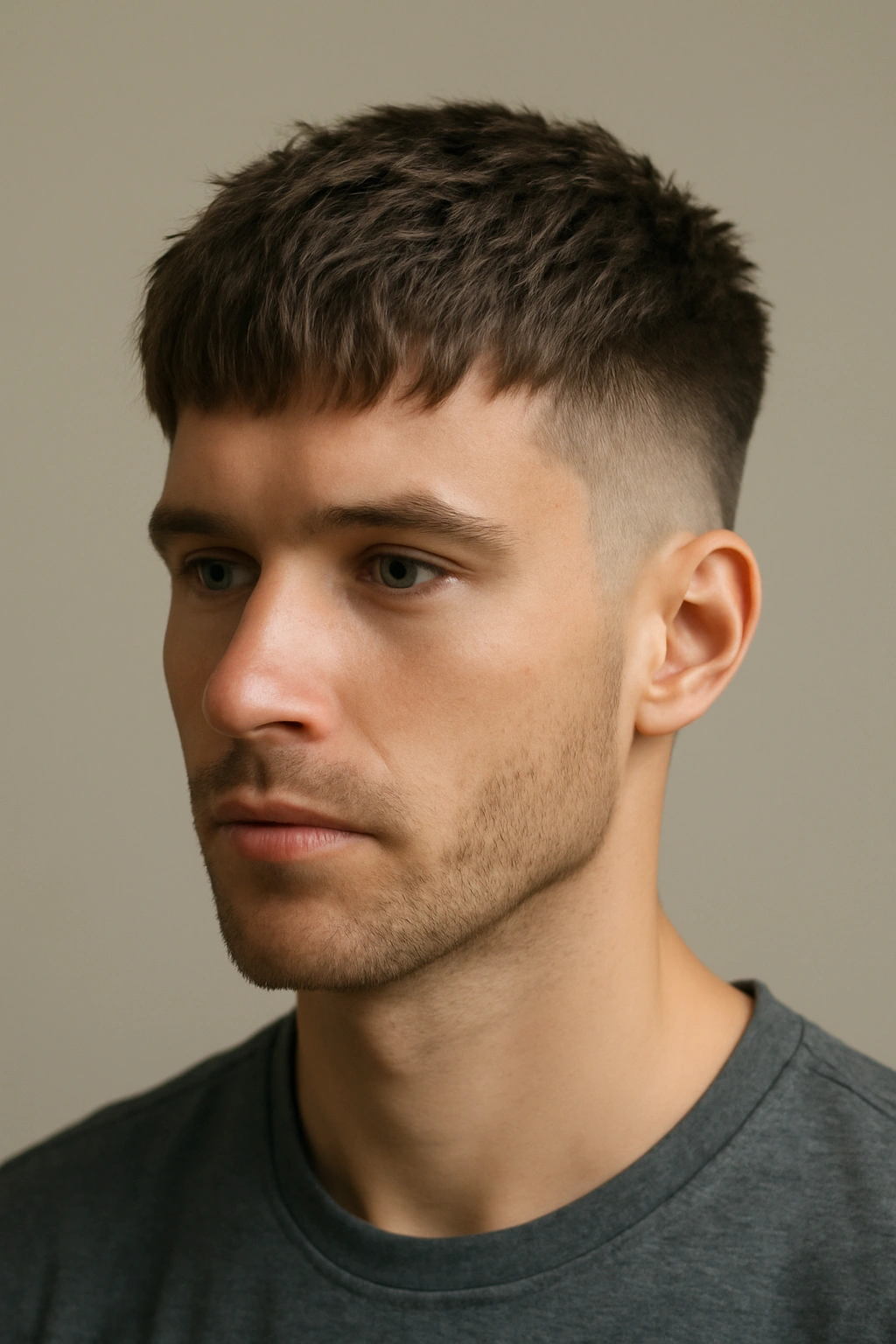 20 Men's Haircuts Matched to Face Shape and Hair Type 20 Head-and-shoulders portrait of a man with textured fringe fade showing fringe and top texture.