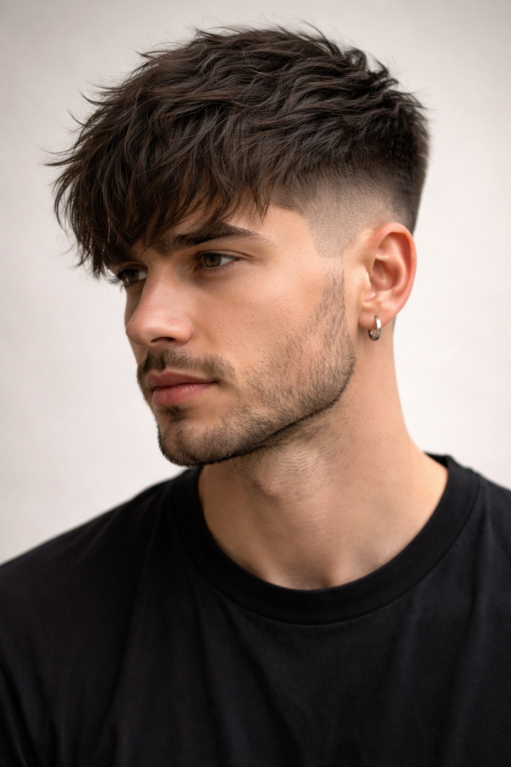 20 Really Short Haircuts Anyone Can Pull Off 21 Close-up of a hairstyle with long textured fringe and bold faded sides.