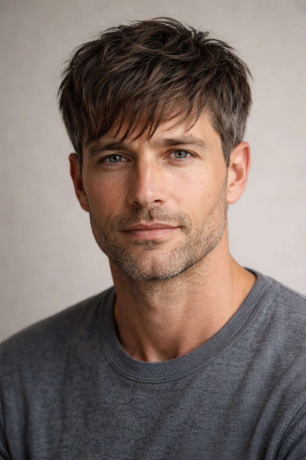 Close-up portrait of a man with a textured fringe hairstyle, showing movement in the front layers