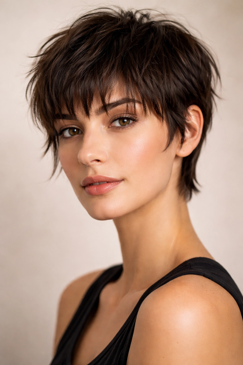 Head-and-shoulders view showing a short textured fringe with longer sides