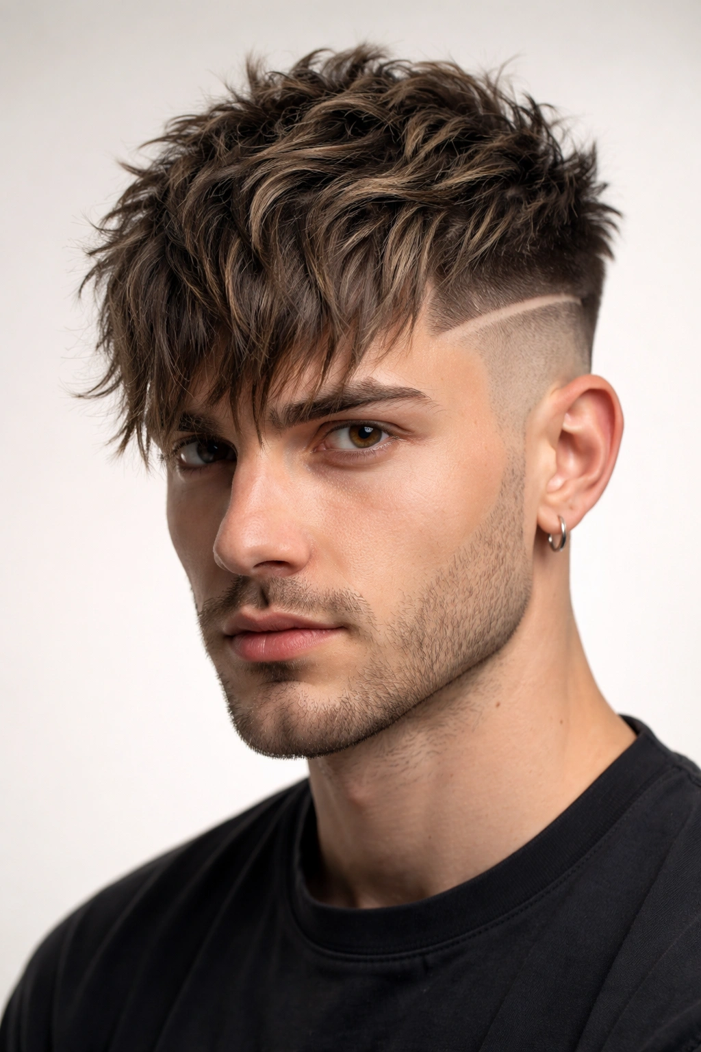 Front view of textured fringe with a sharp shaved side line