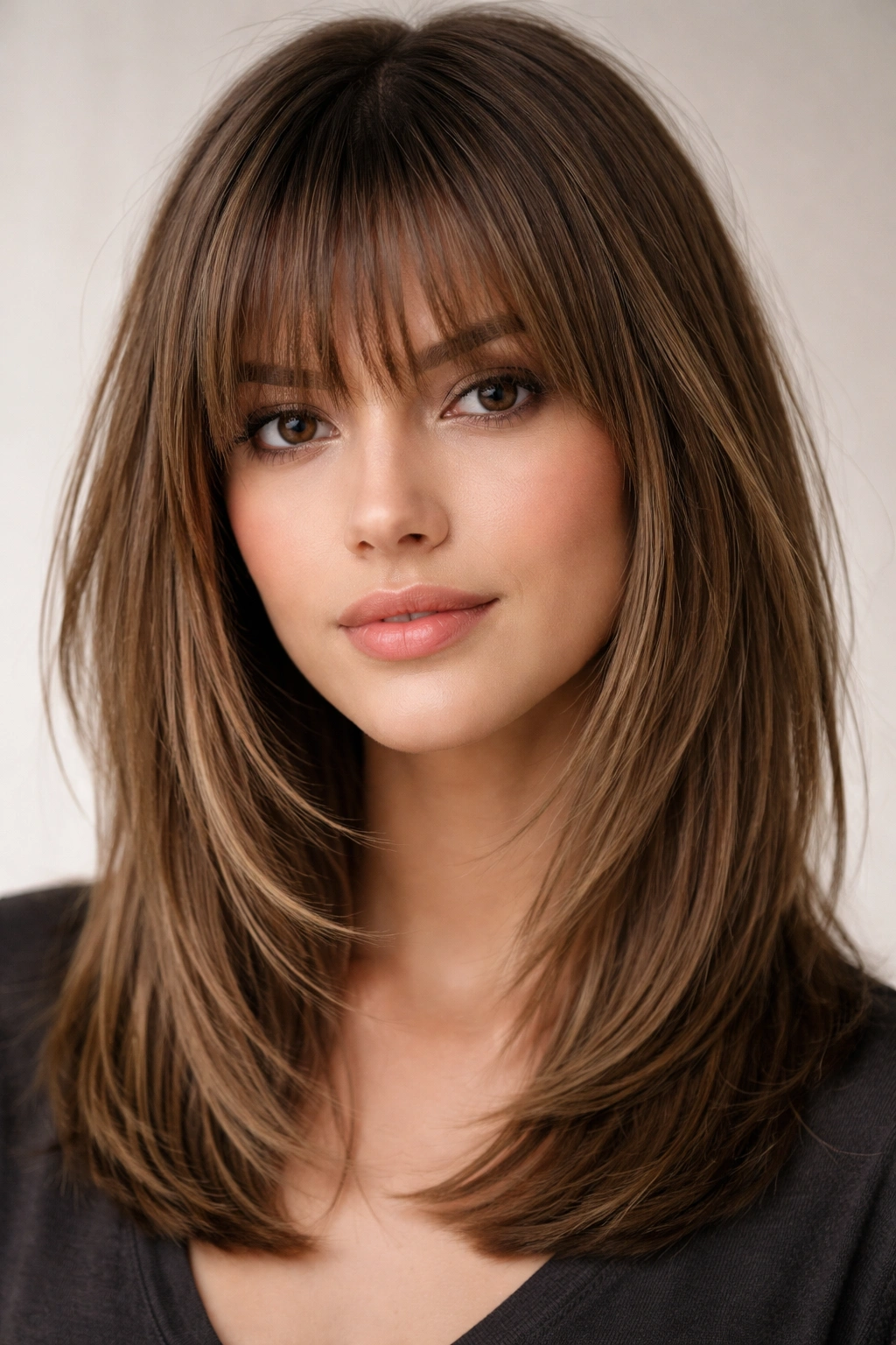 Model with textured fringe on straight hair and shoulder-length layers.