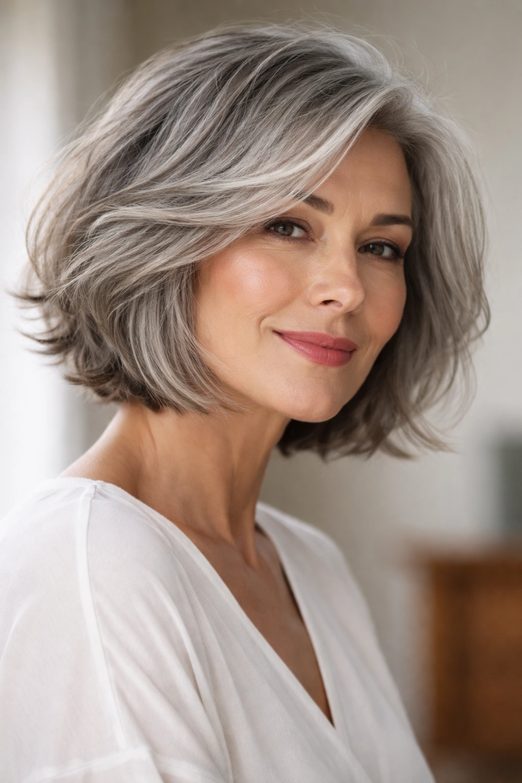 20 Short Bob Hairstyles That Shine After 40 19 Close-up of a mature woman with a textured gray bob showcasing soft waves in diffused studio light