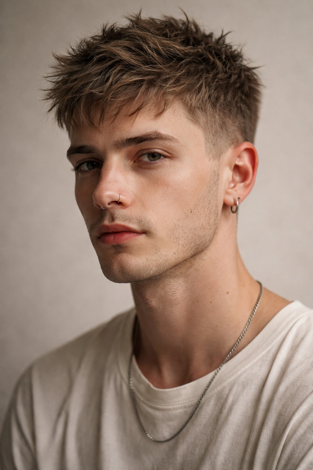 Male model with grown-out buzz cut showing texture
