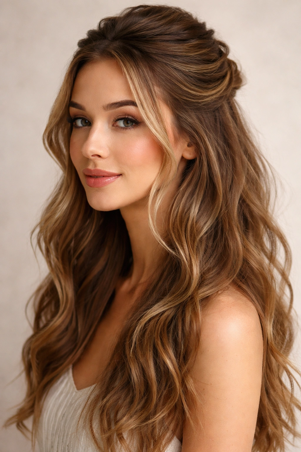 Close-up portrait of a model with a textured half-up half-down hairstyle featuring loose crown twist and waves