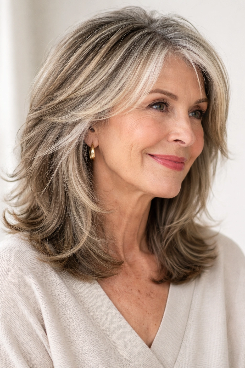 Close-up of textured medium-length thick hair with face-framing highlights