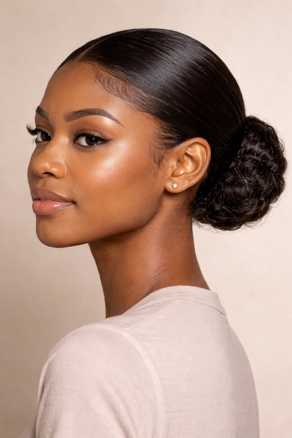 Portrait of a person with textured hair in a sleek low bun