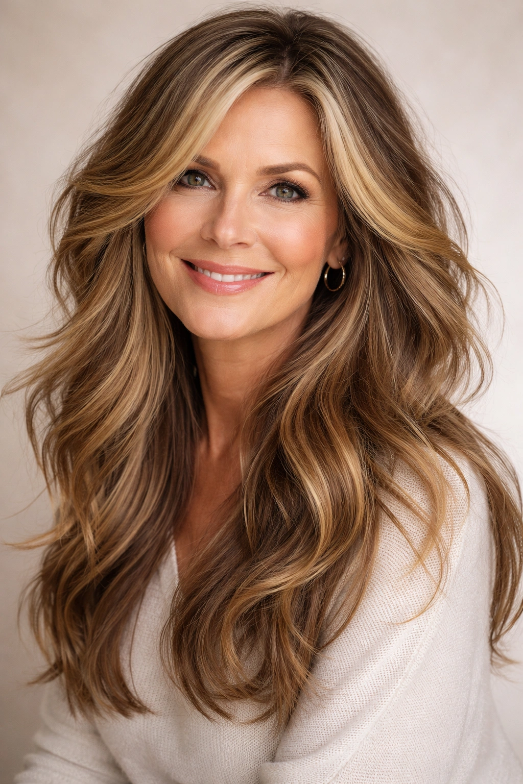 Woman with textured long hair and warm golden highlights.
