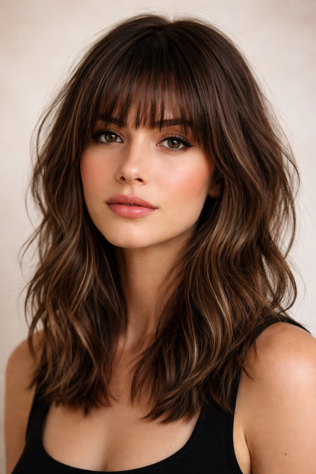 20 Long Face Haircuts Women Keep Requesting 19 Close-up of textured shoulder-length hair with blunt bangs under neutral studio lighting