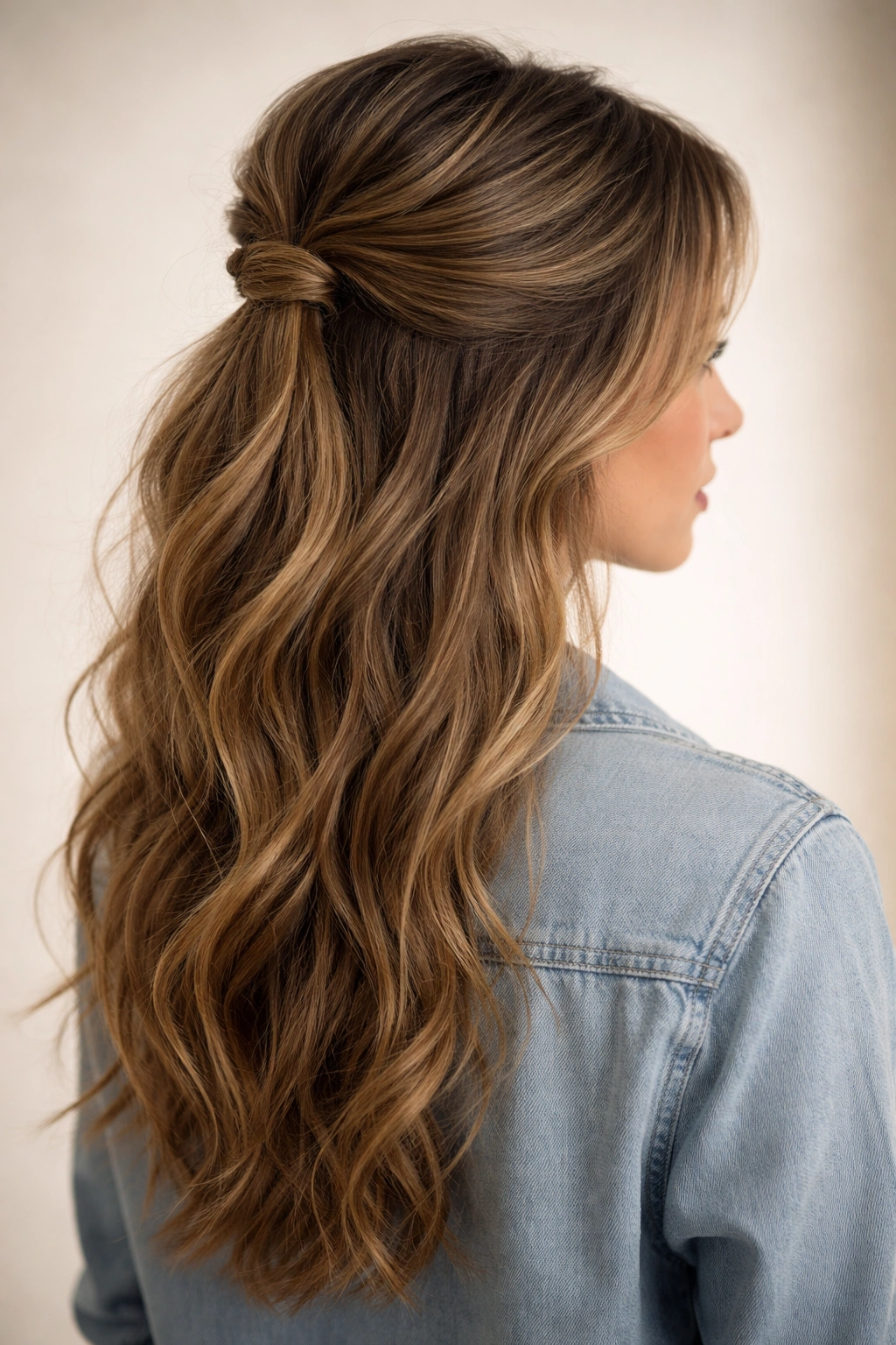 10 Hair Ideas For A Casual Shirt And Jeans Outfit 4 Half-up hairstyle with crown volume and textured lower waves.