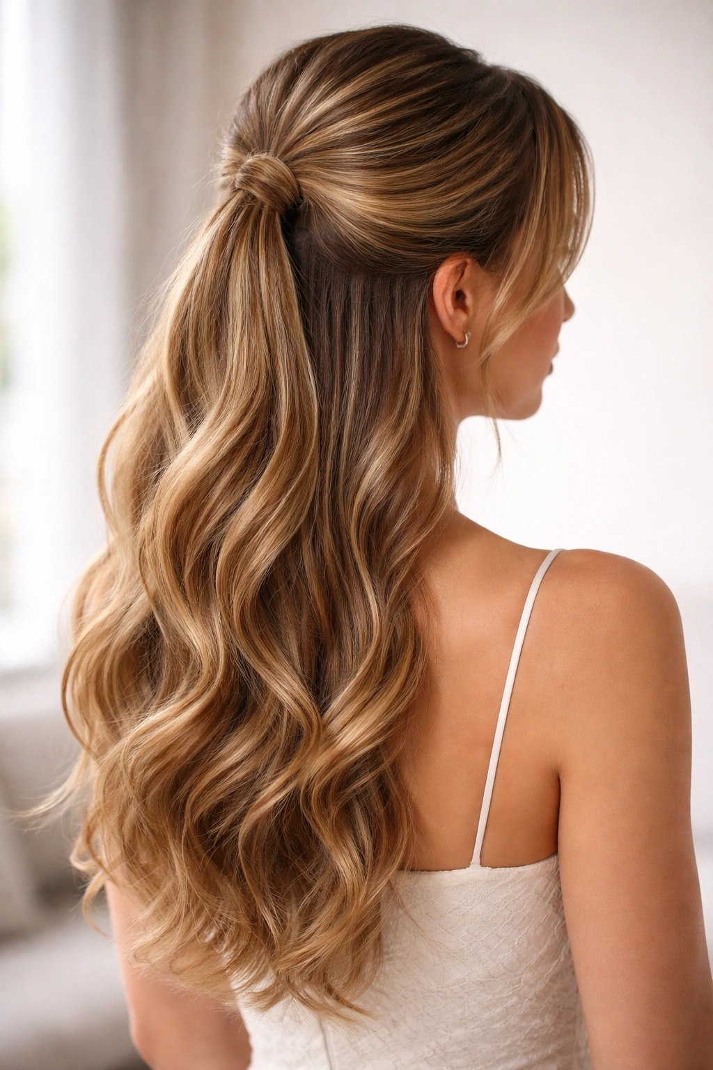 Textured half-up ponytail with waves secured at crown