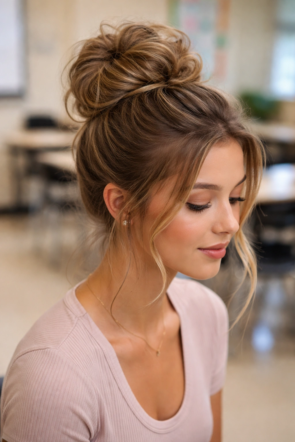 Textured high bun with pulled-out pieces for volume and texture